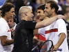 A doubles match: Andre Agassi and Rafael (Rafa) Nadal greet Pete Sampras and Roger Federer at centre court during the Hit for Haiti fundraiser event in 2010. Federer and Nadal represent today’s generation of rivalries not seen since the days of Agassi-Sampras.