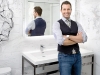 Yanic Simard mixes rustic pieces with sleek, modern elements in this gorgeously diverse bathroom.