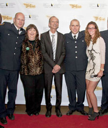 Toronto firefighters and three liver transplant survivors Sandra Holdsworth, Richard Doucette and Michele French; event organizer and coordinator for the Canadian Liver Foundation, GTA, Marsha Doucette 
